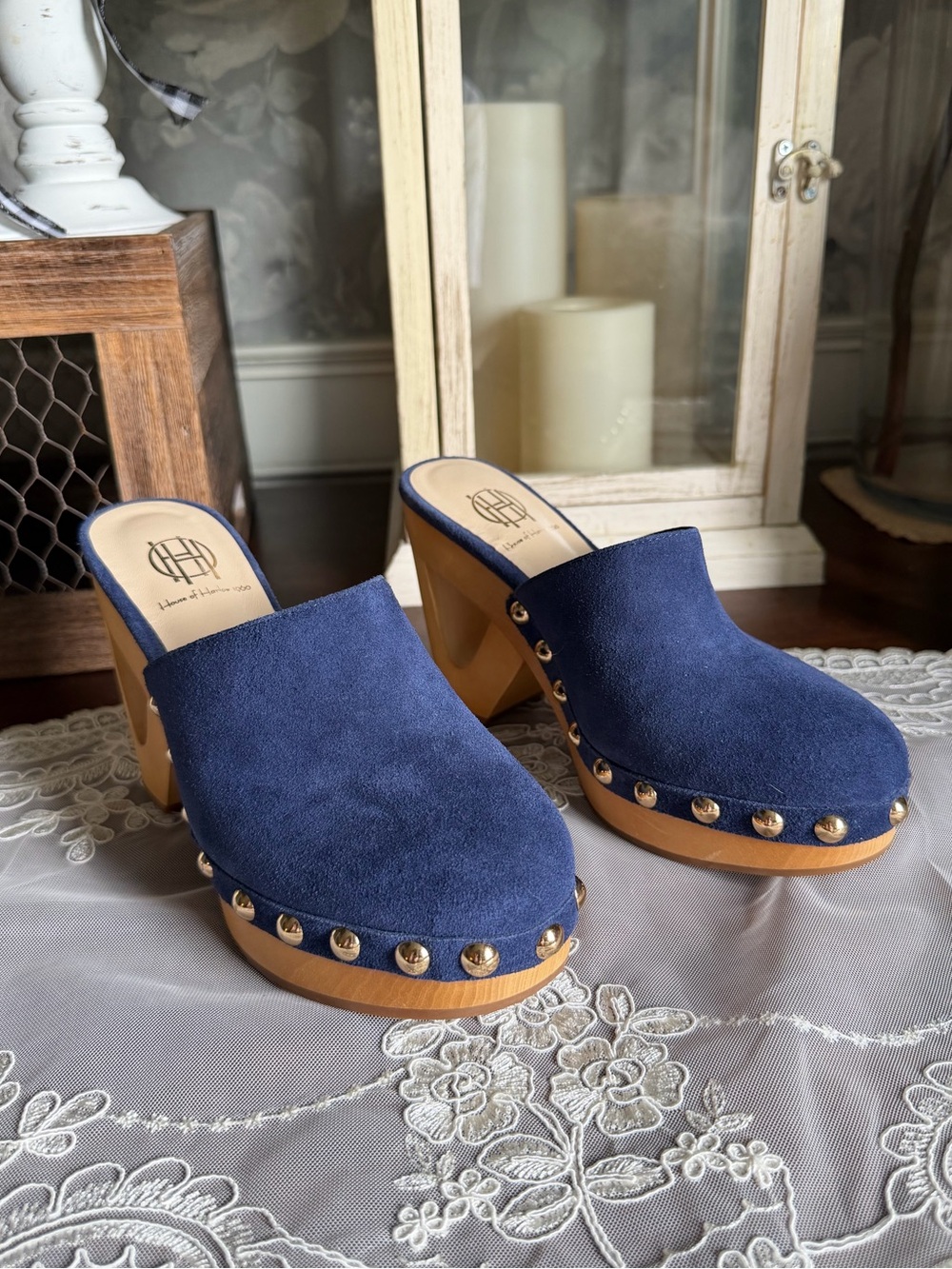 NWOT House of Harlow Navy Suede 1960 Revolve Studded Platform Slide Clogs 5.5